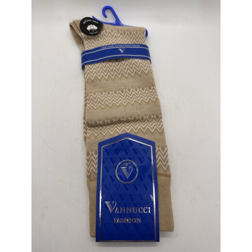 Vannucci Fashion Men's Cotton Dress Socks Beige Chevron Pattern‎ New